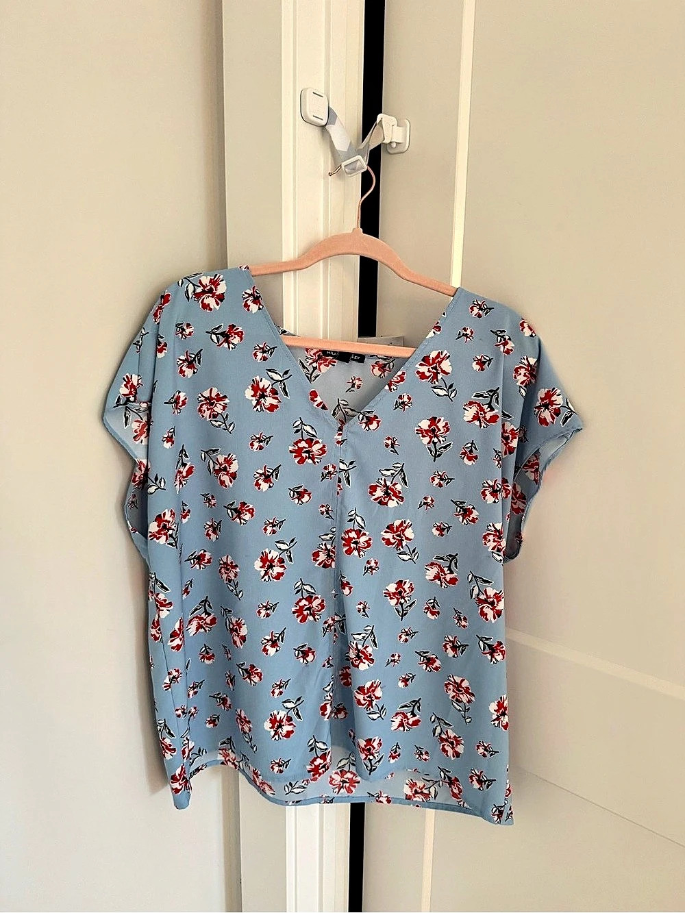 Hilary Radley V-Neck Dolman Short Sleeve Blouse Blue & Red XL